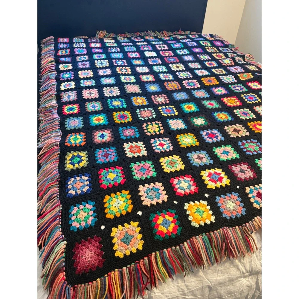 Granny Square Afghan Hand Crochet Multi-Color Black Throw Blanket 55